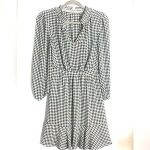 J Crew Black Check Cocktail Dress Ruffles Romantic lined Smocked Gathered Waist